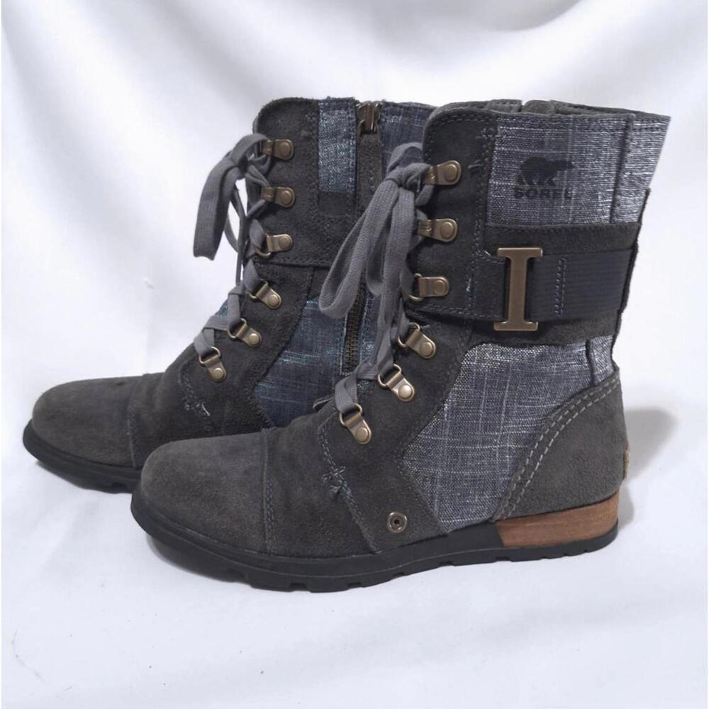 Sorel Major Carly Combat Boots Women’s Sz 7 Lace Zip Up Metallic Denim Grey Sued